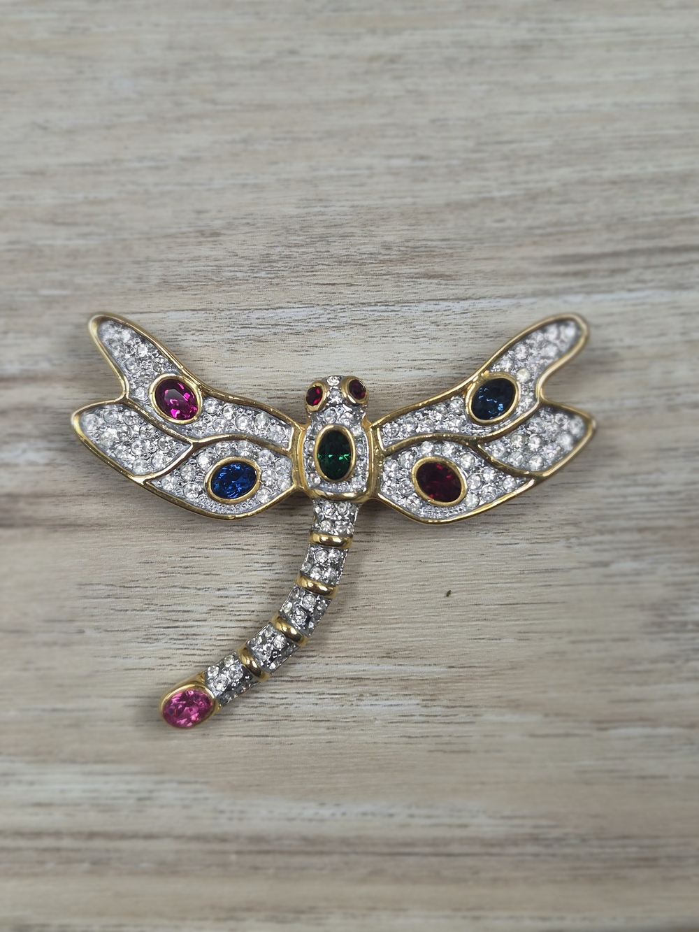 Vintage 1980s Pavé Rhinestone Dragonfly Brooch Multi Gemstone Gold Tone